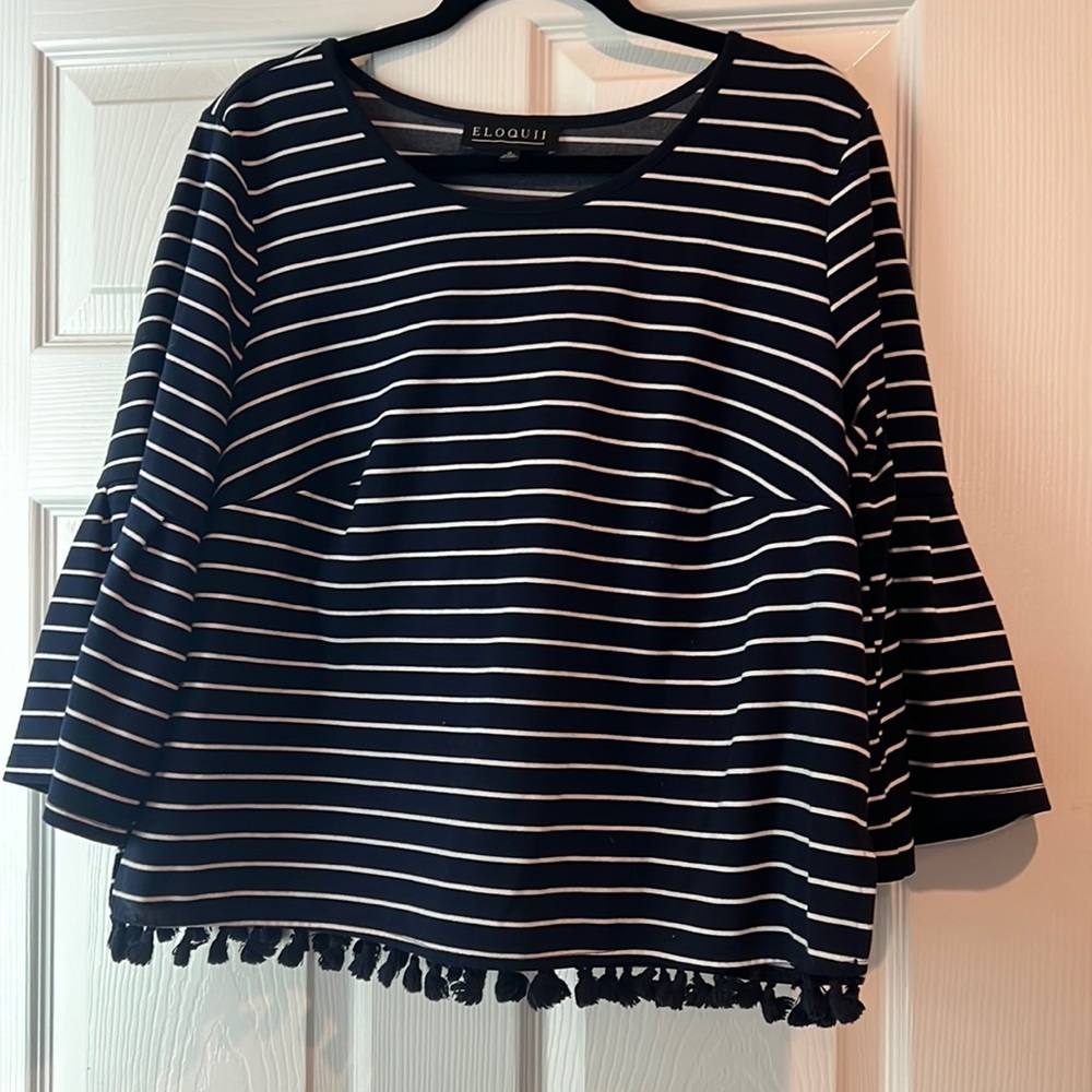 ELOQUII navy striped bell sleeved t-shirt with pom fringe